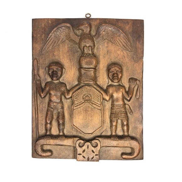 Vtg Hand-carved Wood Eagle Open Wings Men Spear Tribal Art Wall Plaque Hanging